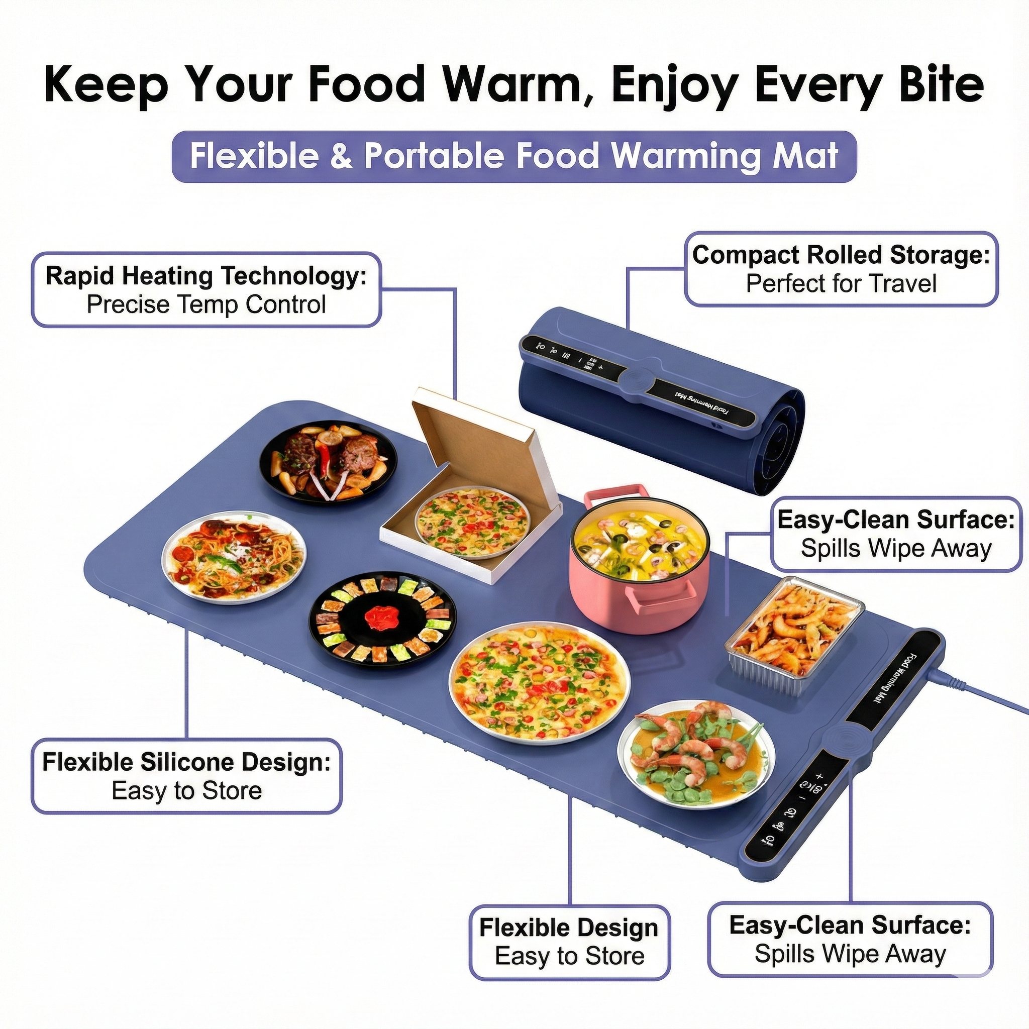 Foldable Food Warming Mat: Keep 8 Dishes Hot for Hours