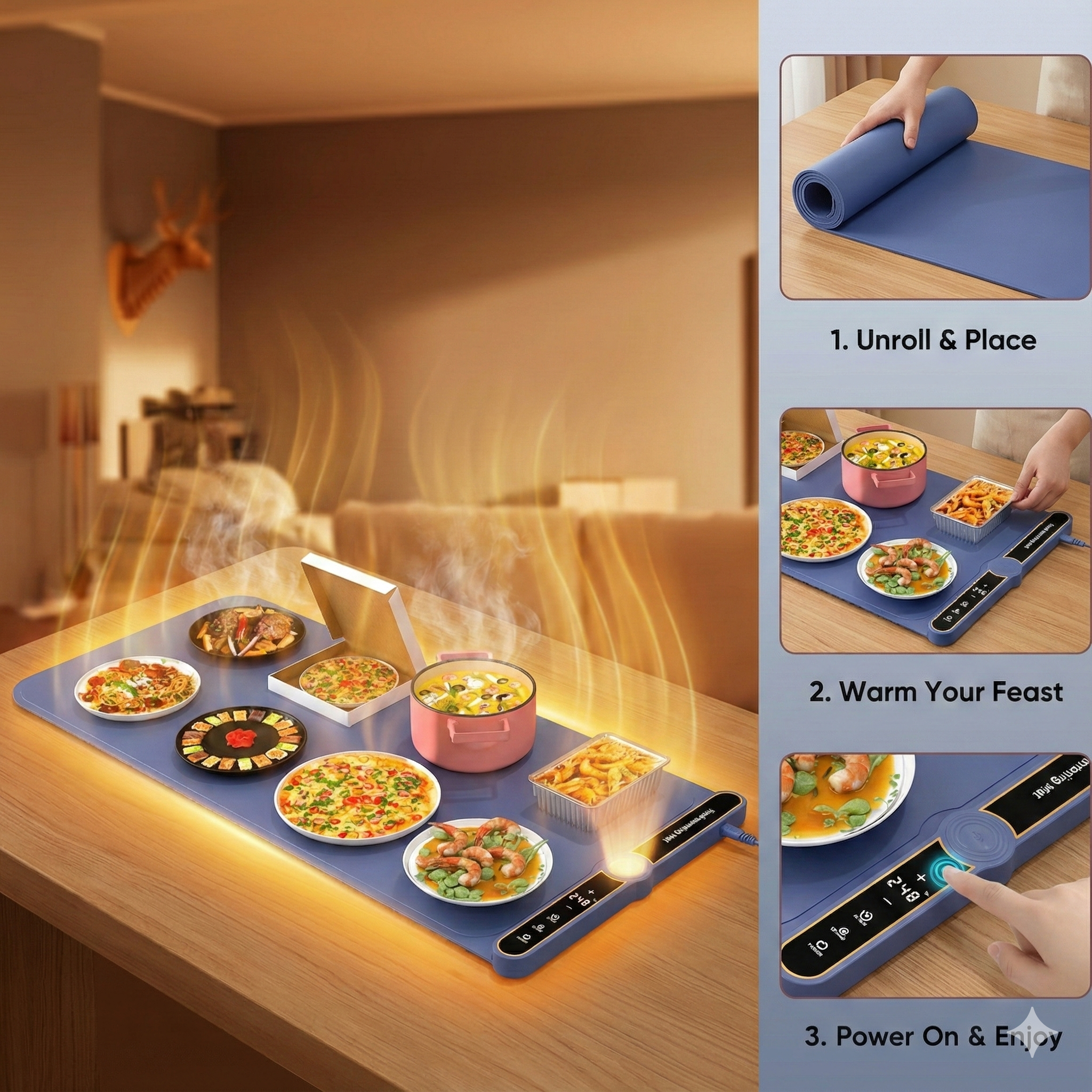 Foldable Food Warming Mat: Keep 8 Dishes Hot for Hours